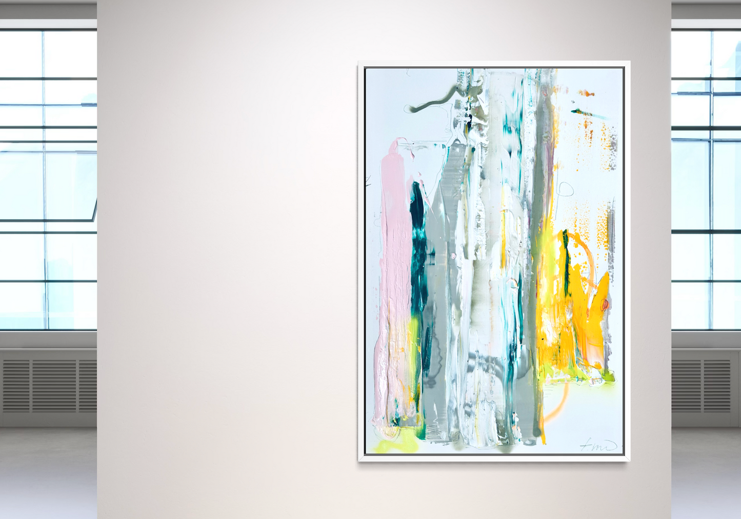 # White Stripes – Original abstraktes Leinwandbild 100 × 120 cm

**Theresa Kallrath | Abstrakte moderne Kunst aus Düsseldorf**

**White Stripes** ist ein originales Leinwandbild von Theresa Kallrath, entstanden in Mischtechnik auf Leinen im Format 100 × 120 cm. Die Arbeit verbindet eine reduzierte, helle Farbästhetik mit einer expressiven, gestischen Bildsprache und entwickelt dadurch eine ruhige, zugleich spannungsvolle Präsenz im Raum.

Charakteristisch für die Malerei von Theresa Kallrath ist das Arbeite